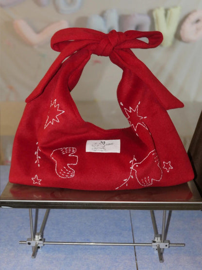 Bird Embroidered Tie-Strap Soft Shoulder Crossbody Bag