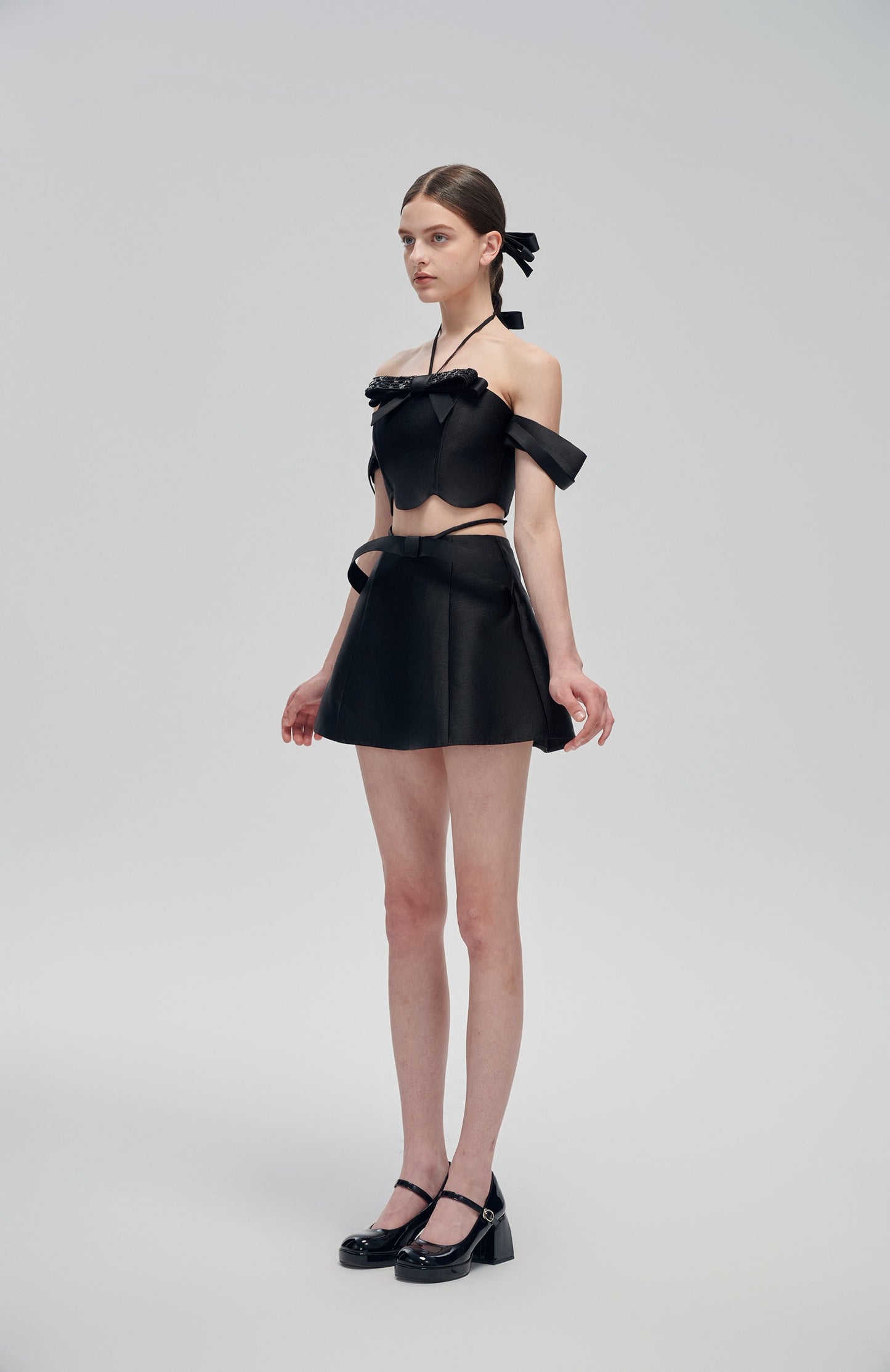 Black Bow Top and Mini Skirt Set