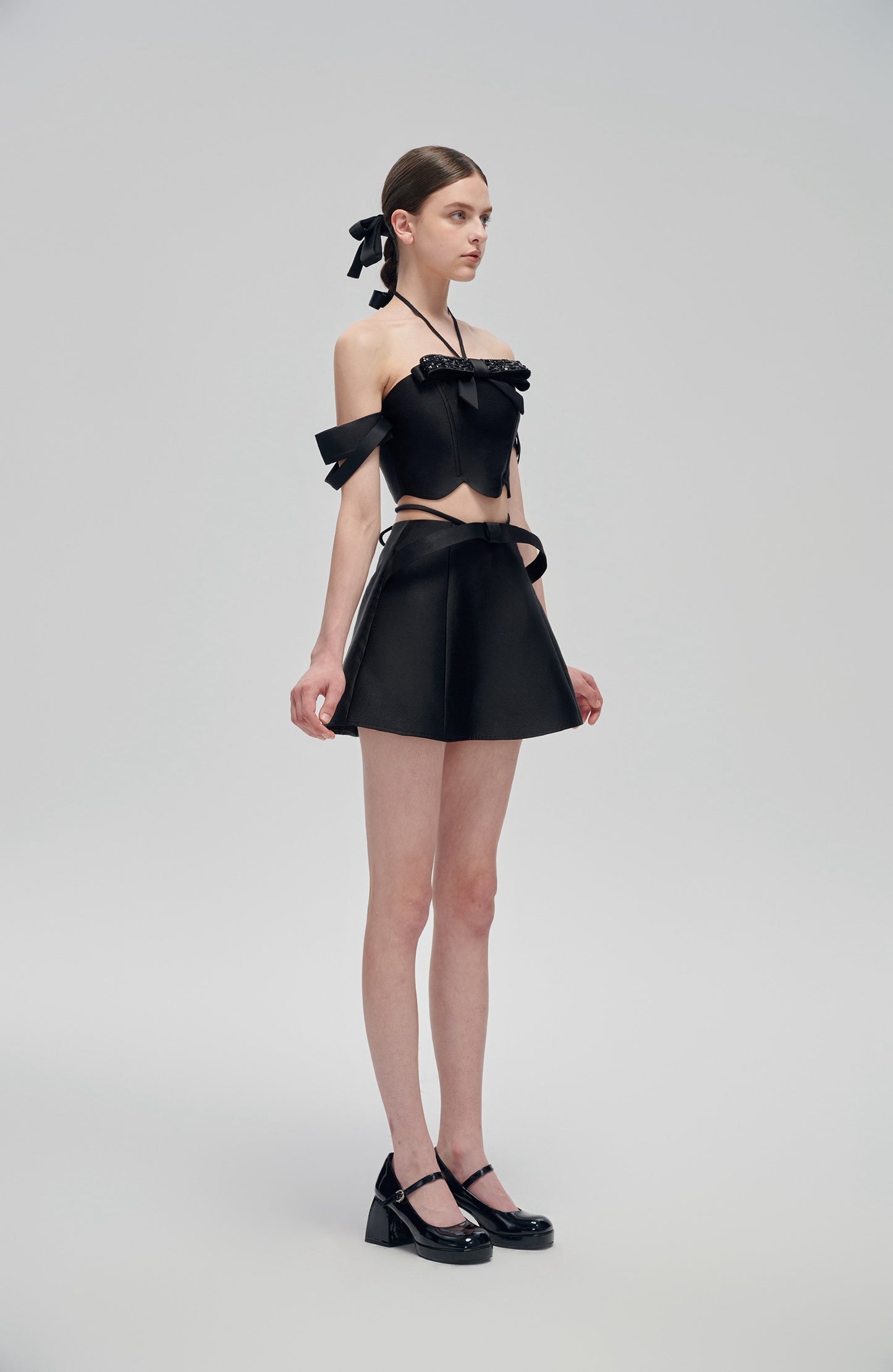 Black Bow Top and Mini Skirt Set