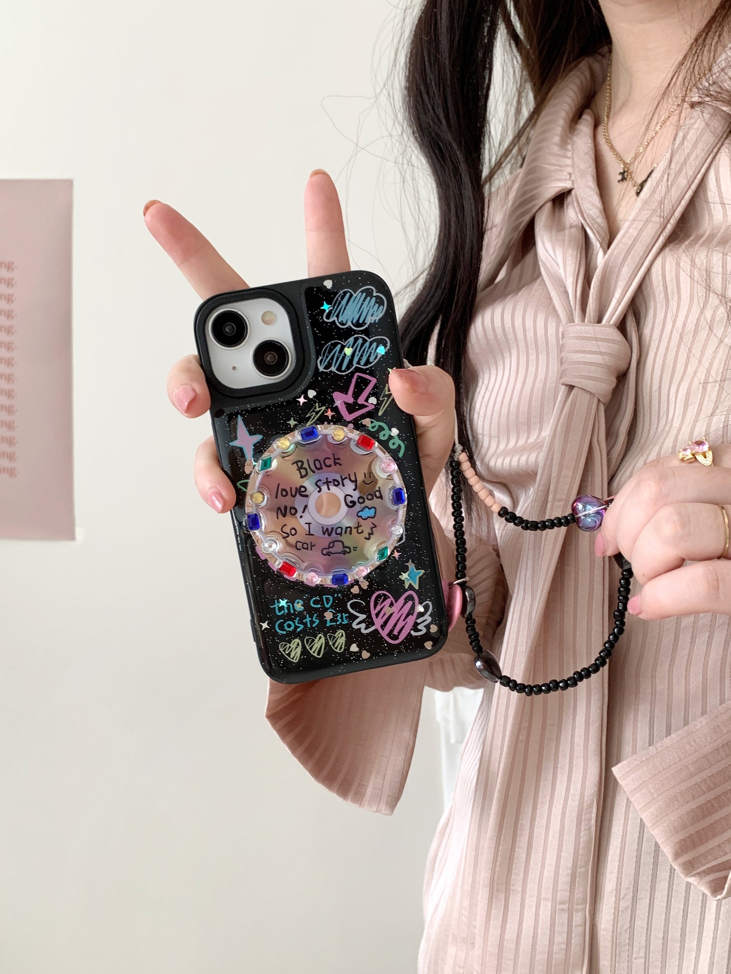 Black CD Gemstone Decor Phone Case