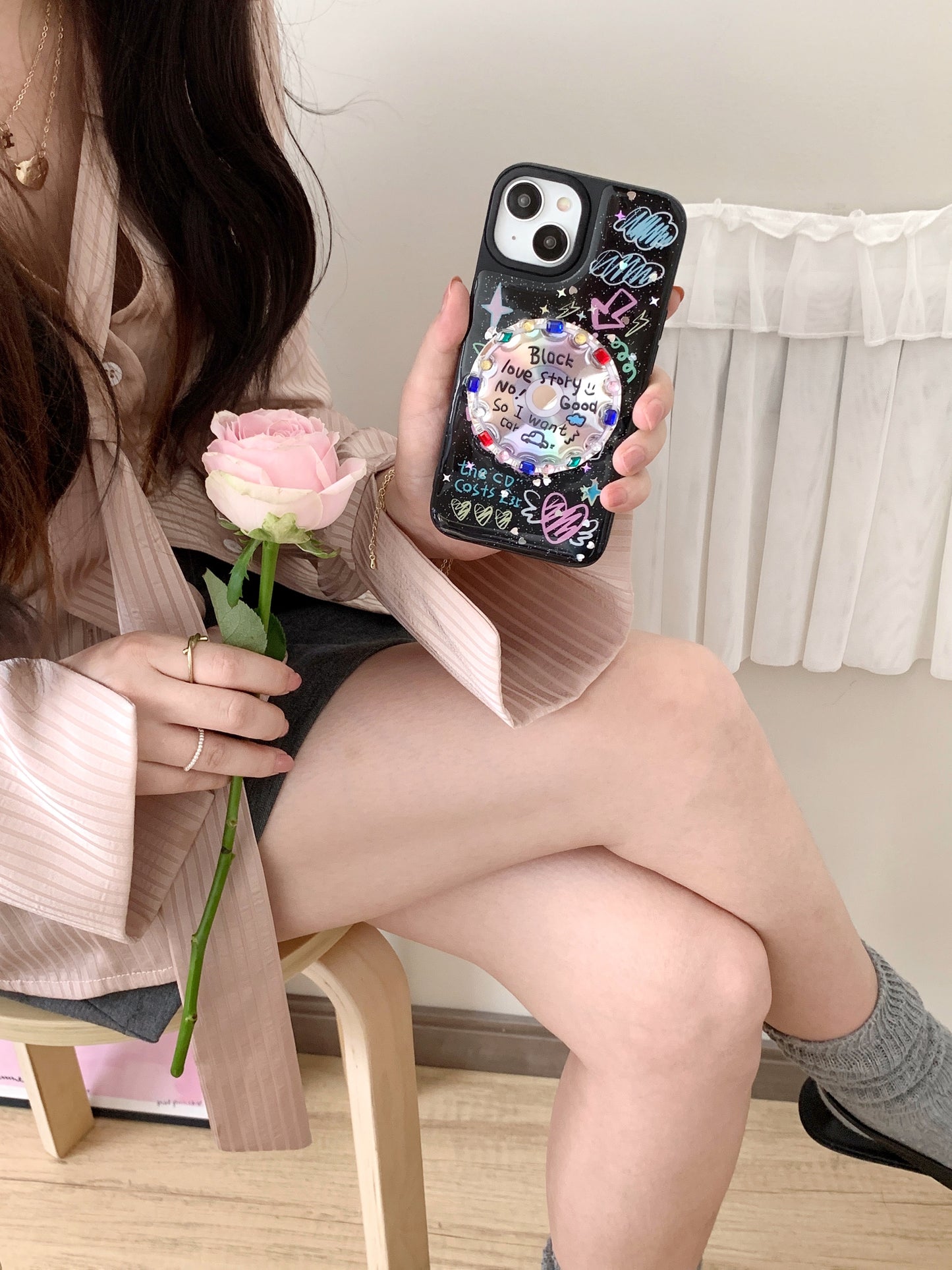 Black CD Gemstone Decor Phone Case
