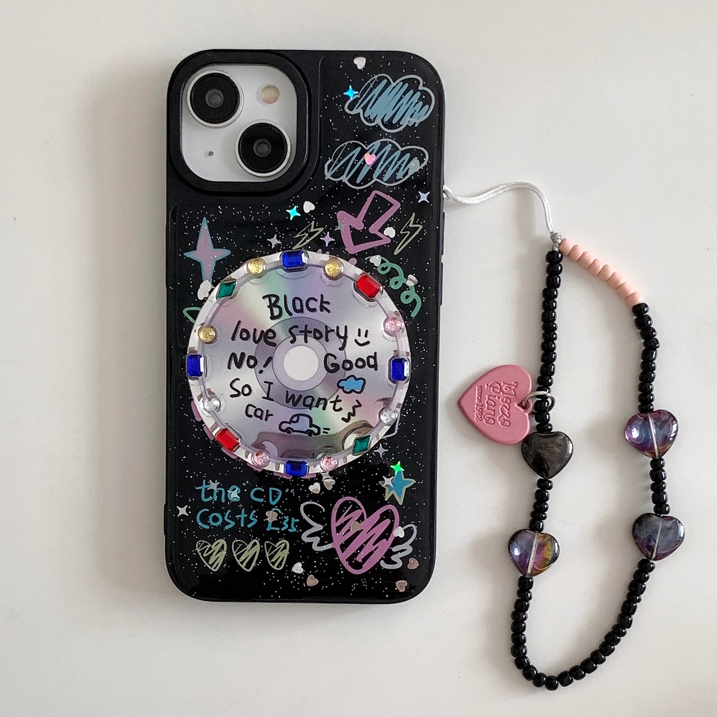 Black CD Gemstone Decor Phone Case