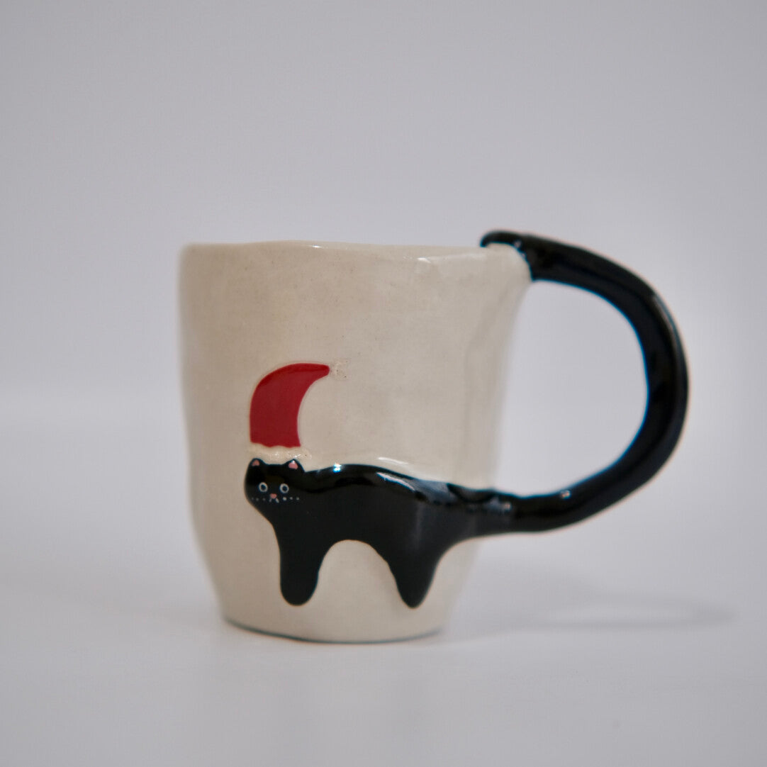 Black Cat with Red Hat Embossed Ceramic Mug