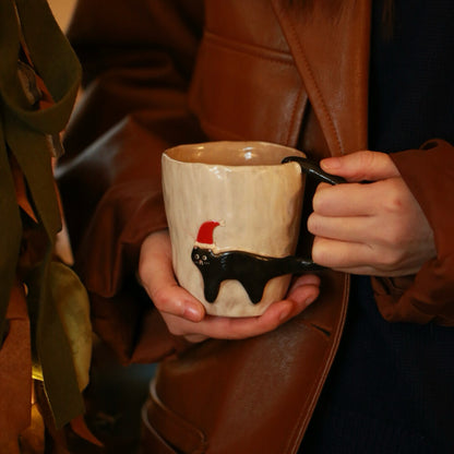 Black Cat with Red Hat Embossed Ceramic Mug