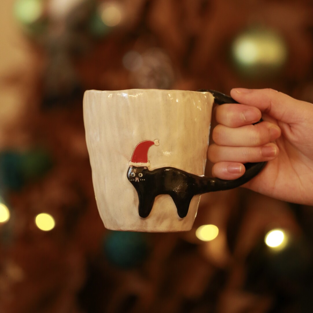 Black Cat with Red Hat Embossed Ceramic Mug