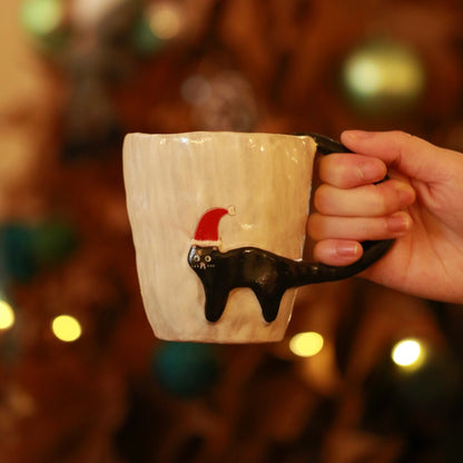 Black Cat with Red Hat Embossed Ceramic Mug