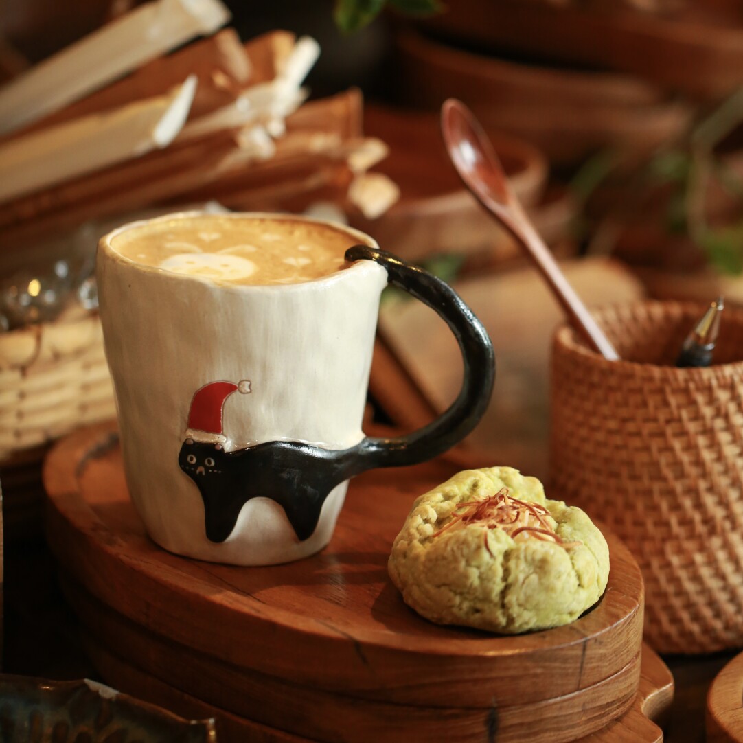 Black Cat with Red Hat Embossed Ceramic Mug