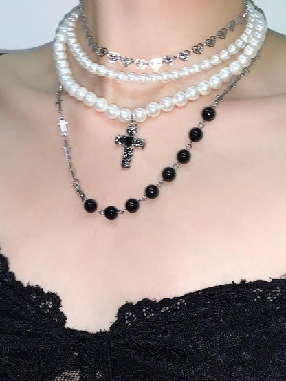 Black Cross Pendant Pearl Layered Choker Necklace