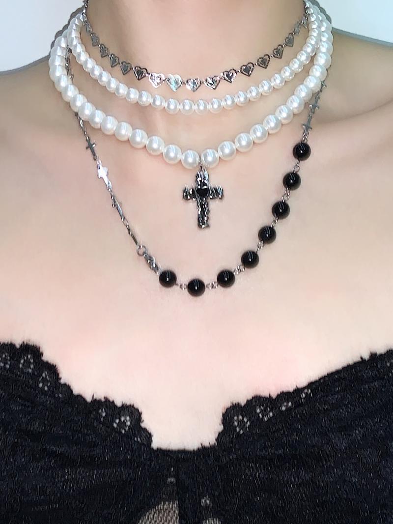 Black Cross Pendant Pearl Layered Choker Necklace