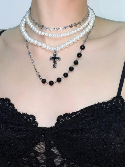 Black Cross Pendant Pearl Layered Choker Necklace