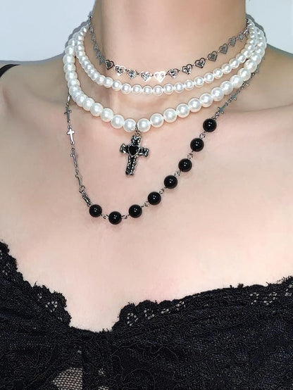 Black Cross Pendant Pearl Layered Choker Necklace