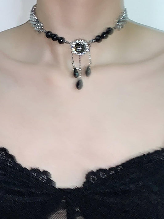 Black Drops Tassel Choker Necklace