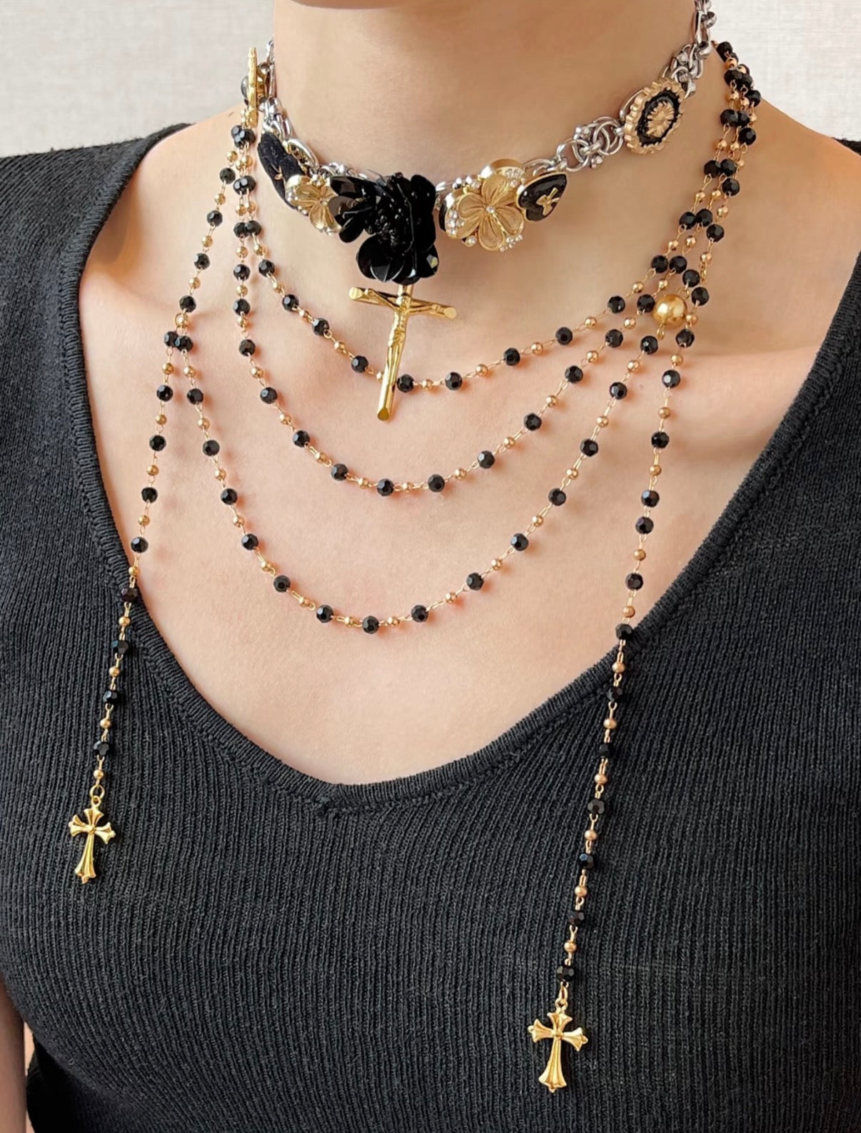Black Flower Beaded Tassel Layered Necklace