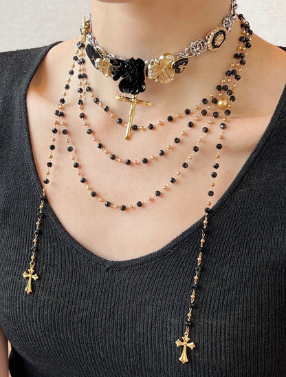 Black Flower Beaded Tassel Layered Necklace