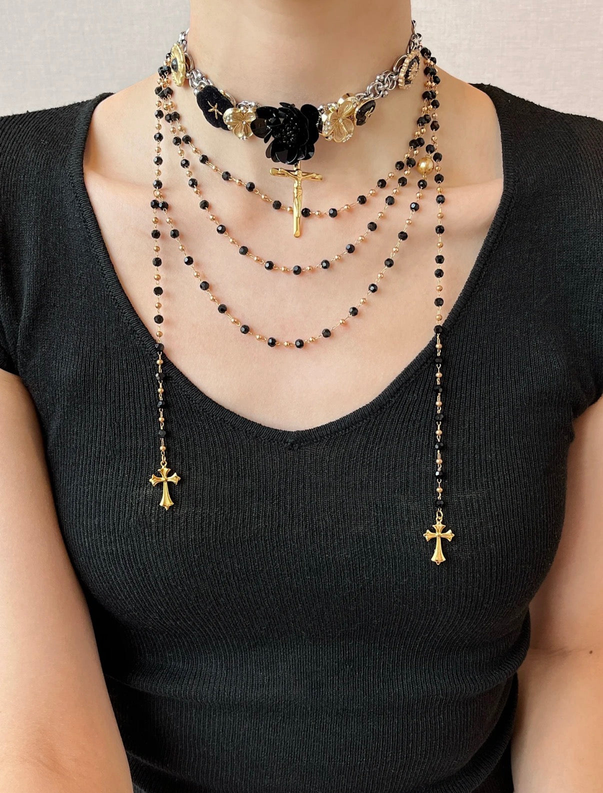 Black Flower Beaded Tassel Layered Necklace