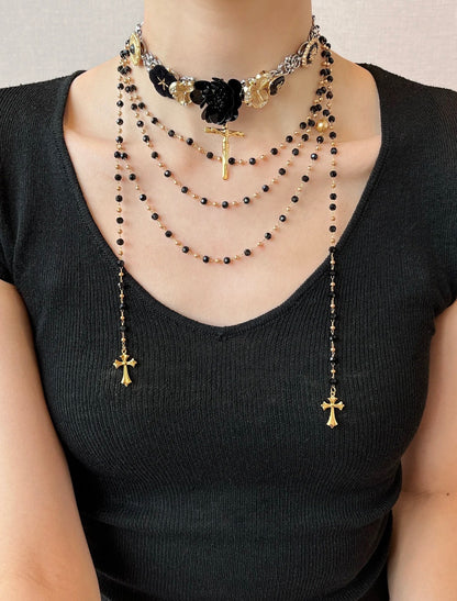 Black Flower Beaded Tassel Layered Necklace