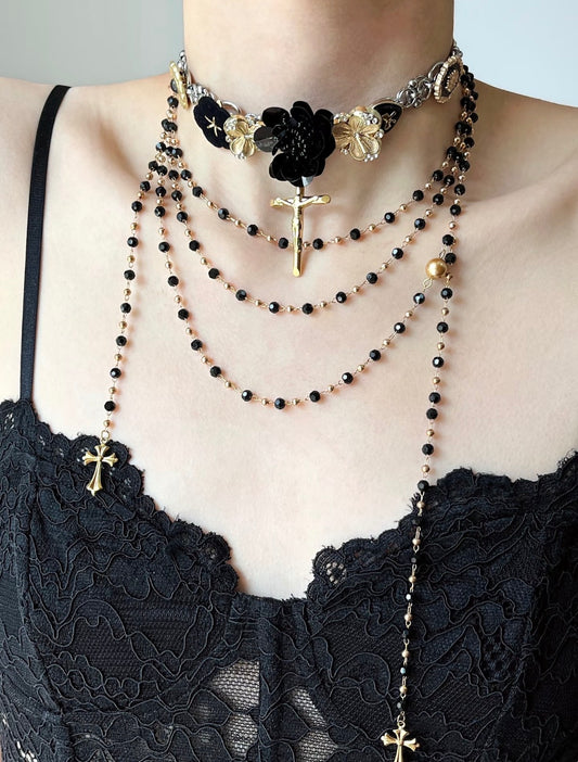 Black Flower Beaded Tassel Layered Necklace
