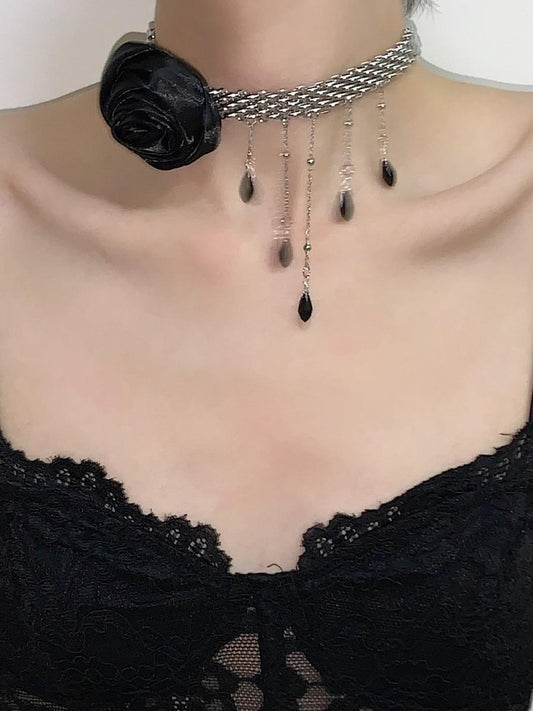 Black Flower Tassel Choker