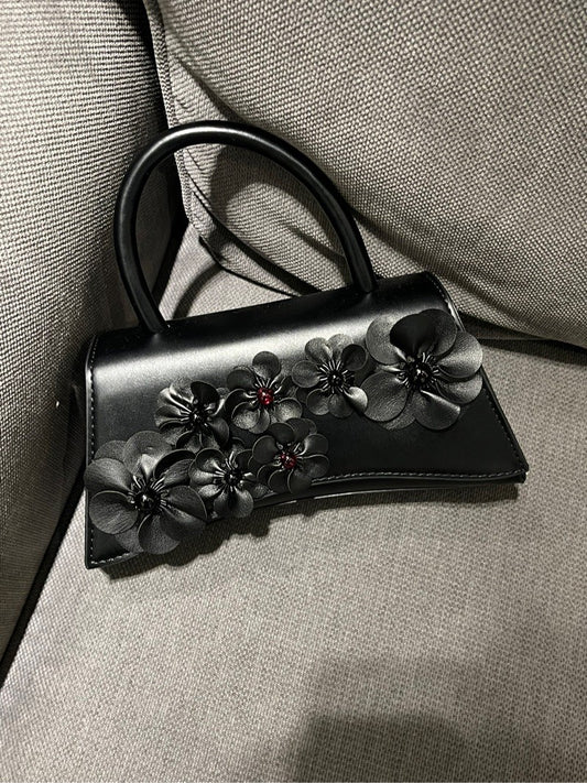 Black Flowers Baguette Bag