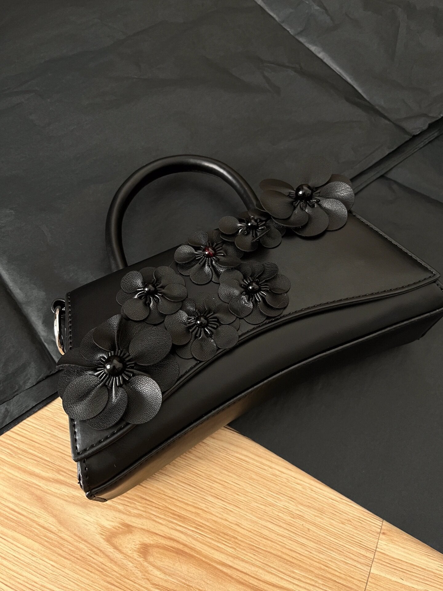 Black Flowers Baguette Bag