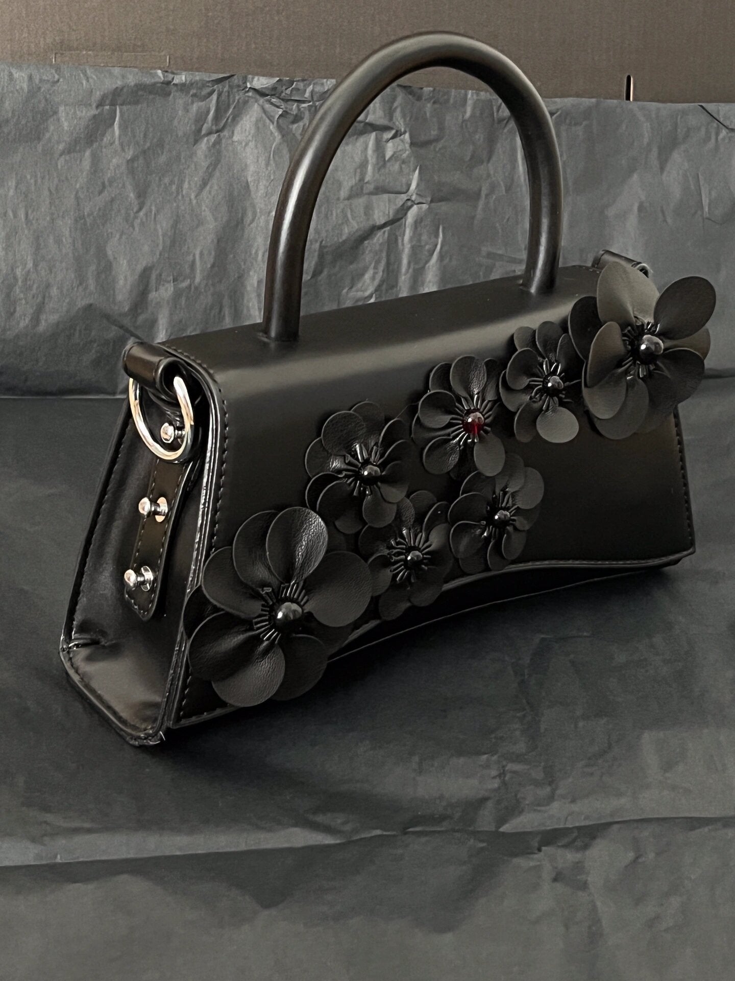 Black Flowers Baguette Bag