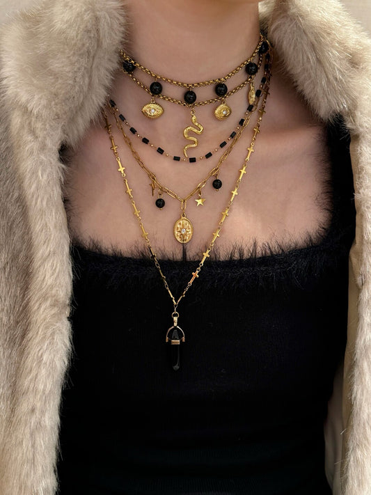 Black Gold Snake Beaded Layered Necklace