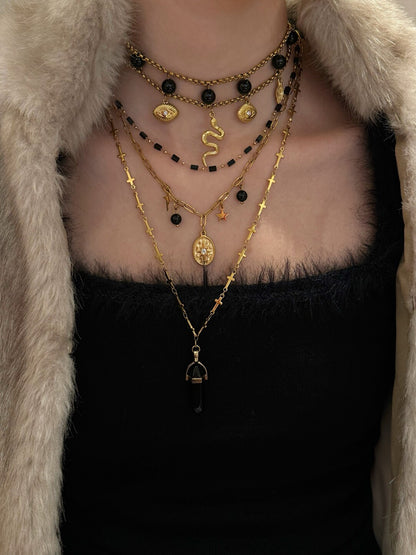 Black Gold Snake Beaded Layered Necklace