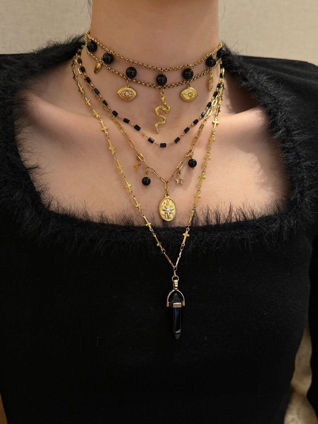 Black Gold Snake Beaded Layered Necklace