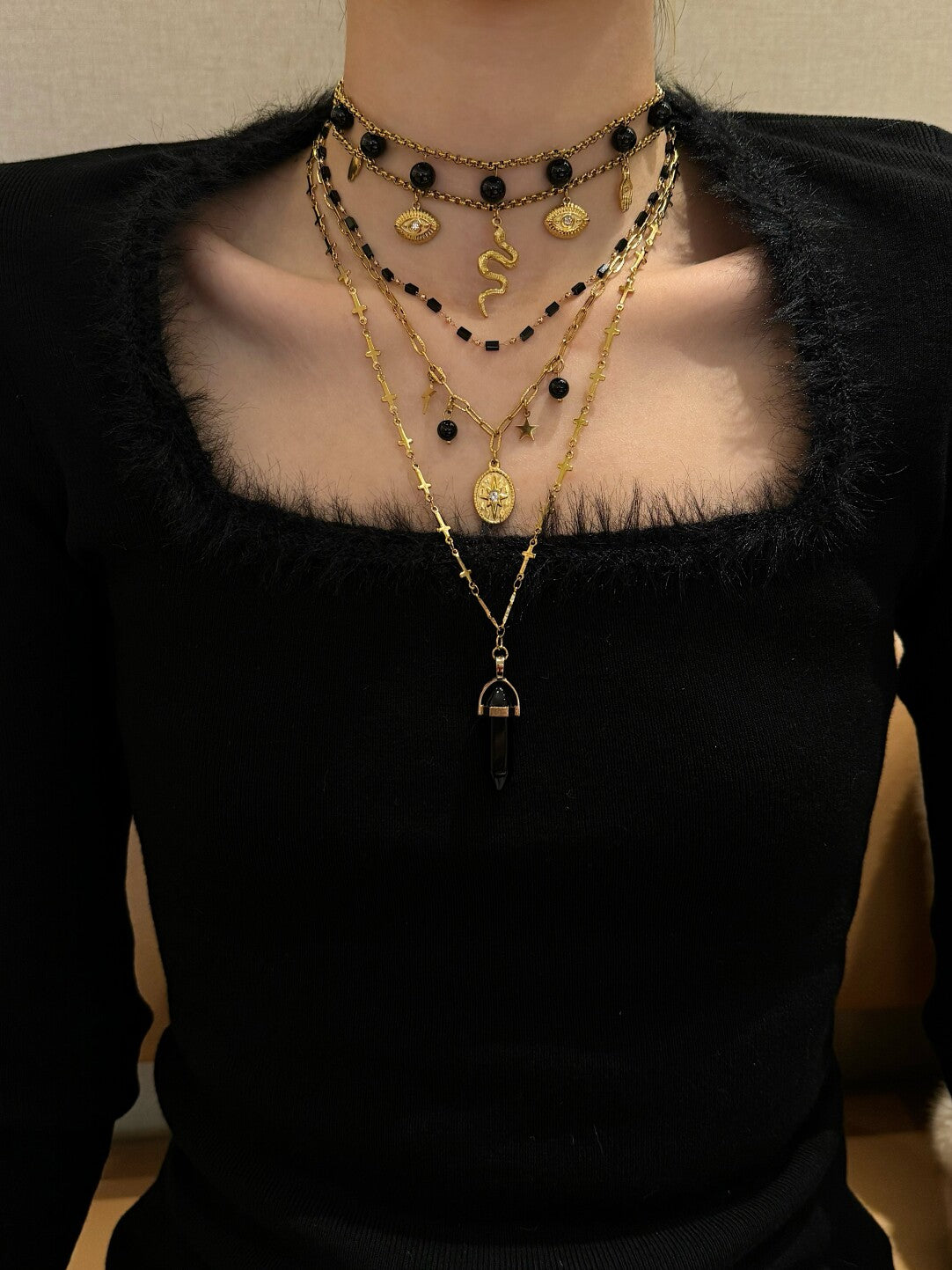 Black Gold Snake Beaded Layered Necklace