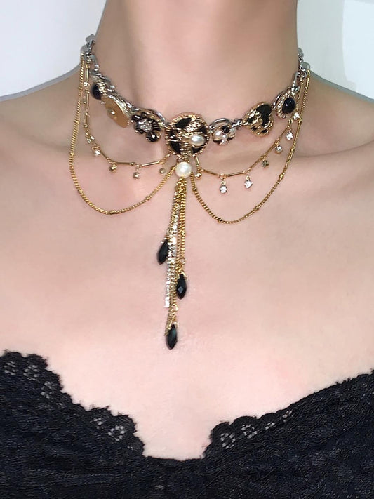 Black Golden Layered Tassel Choker