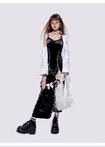 Black High-Slit Lace-Up Pin Design Dress