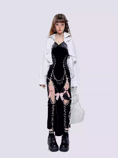 Black High-Slit Lace-Up Pin Design Dress