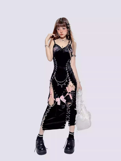 Black High-Slit Lace-Up Pin Design Dress