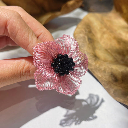 Black Pink Metal Wire Woven Flower Earrings