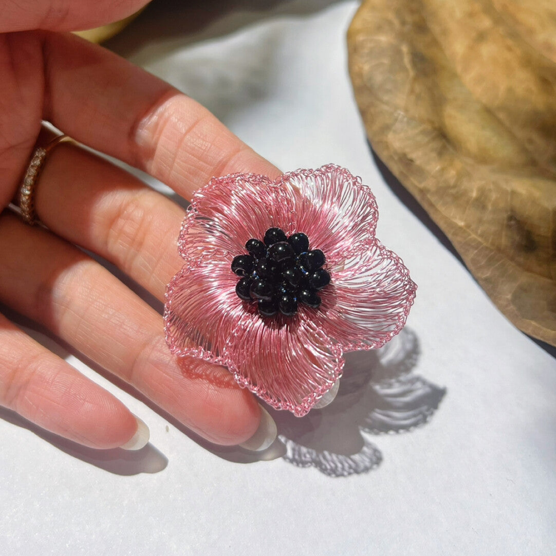 Black Pink Metal Wire Woven Flower Earrings