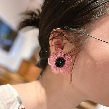 Black Pink Metal Wire Woven Flower Earrings
