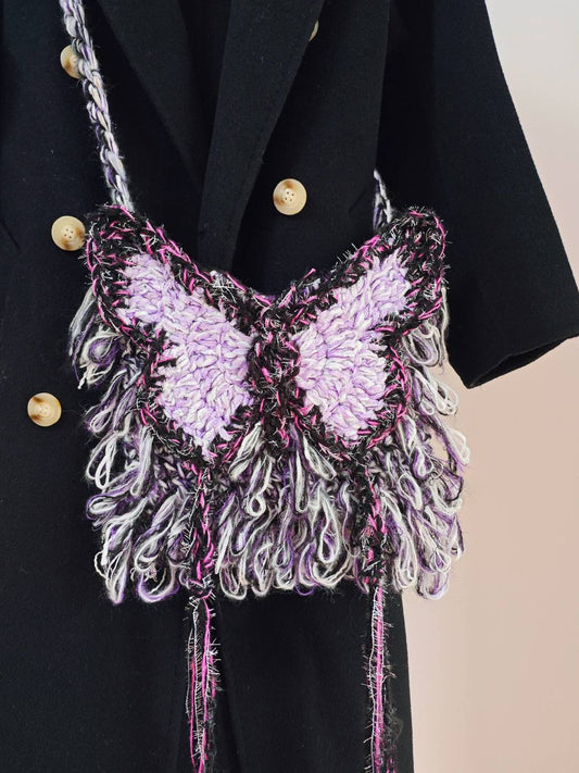 Black Purple Butterfly Crochet Crossbody Bag
