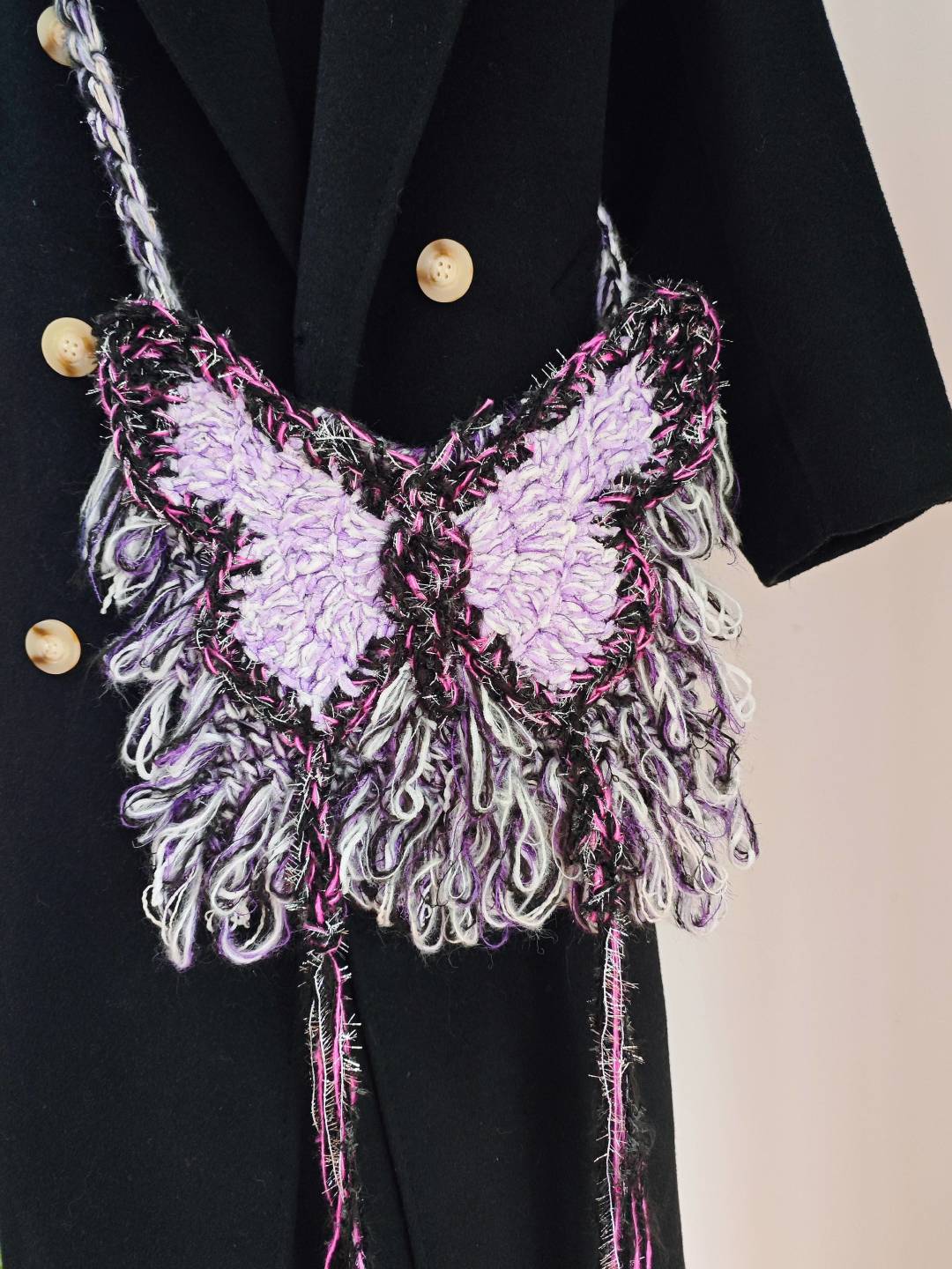 Black Purple Butterfly Crochet Crossbody Bag