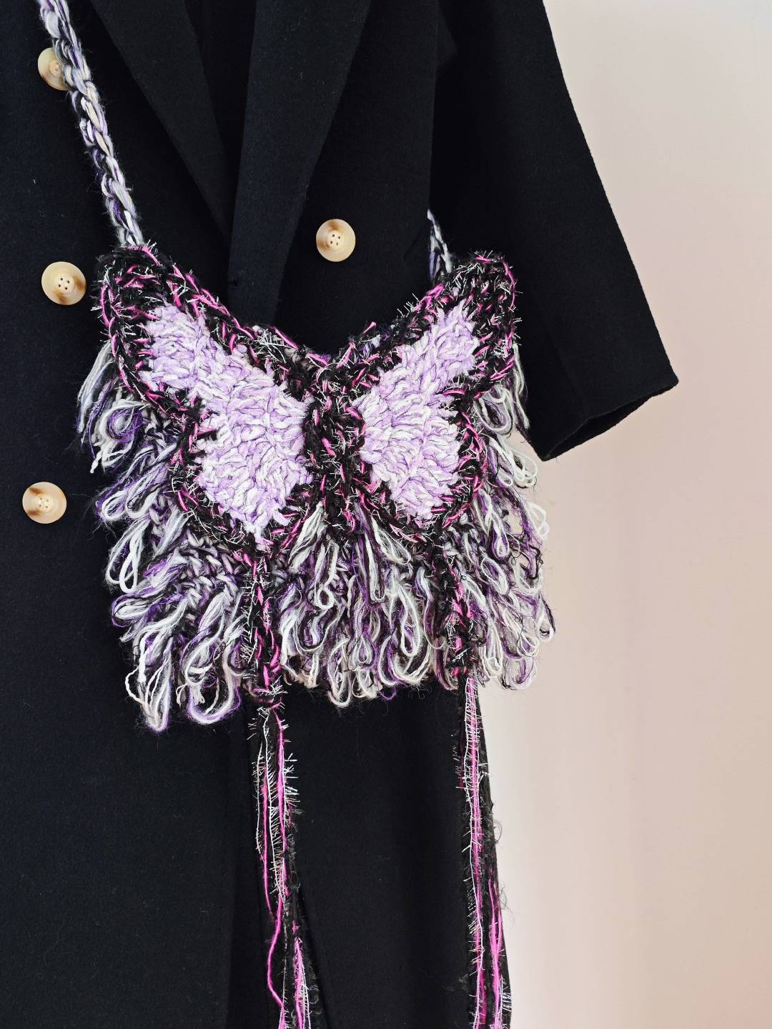 Black Purple Butterfly Crochet Crossbody Bag