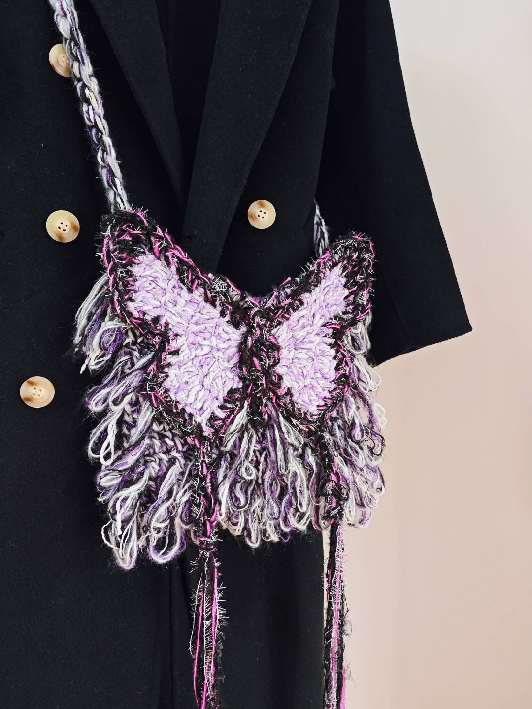 Black Purple Butterfly Crochet Crossbody Bag