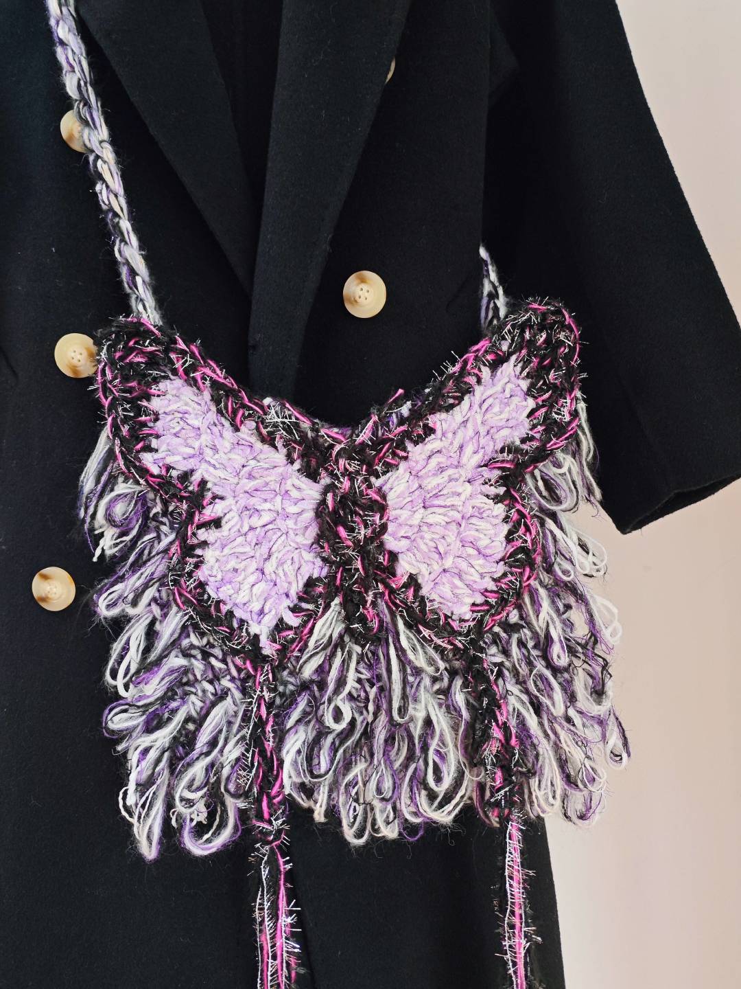 Black Purple Butterfly Crochet Crossbody Bag