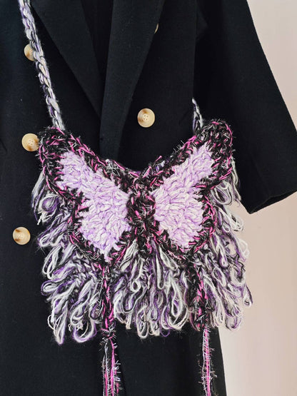 Black Purple Butterfly Crochet Crossbody Bag
