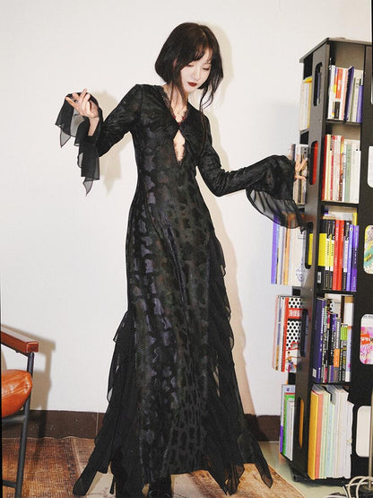 Black Python High-Slit New Chinese Lace Dress