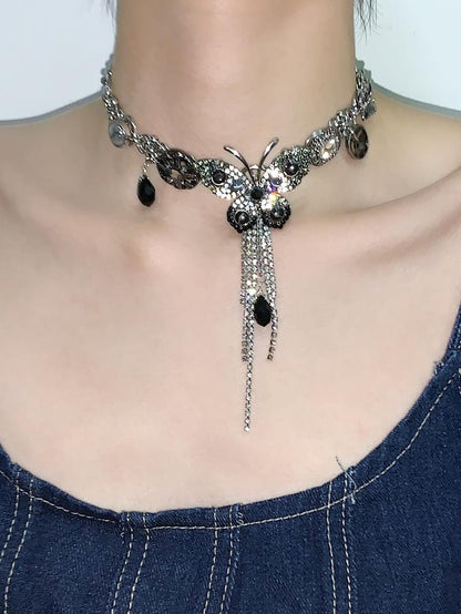 Black Silver Butterfly Tassel Choker