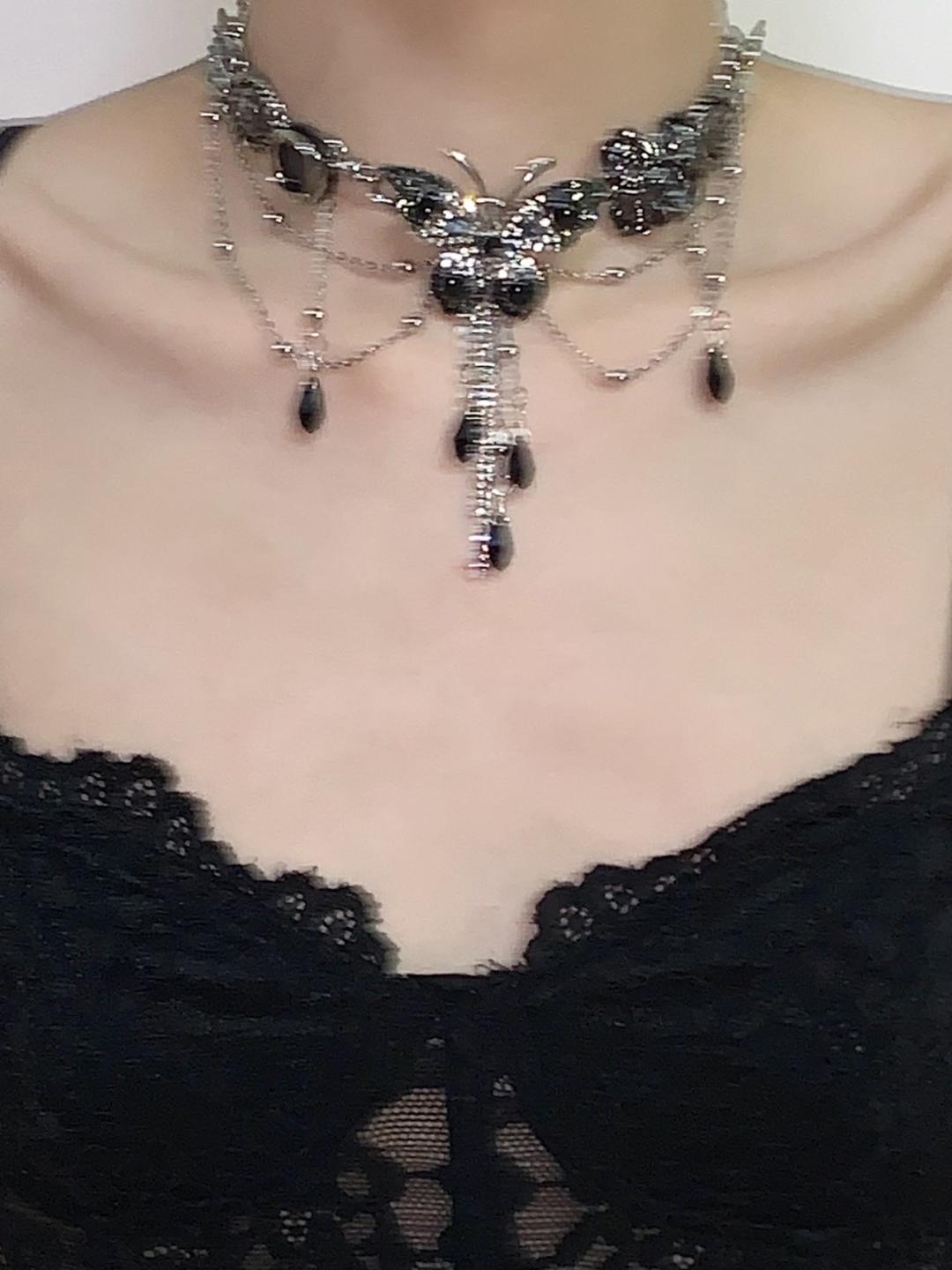 Black Silver Butterfly Tassel Choker