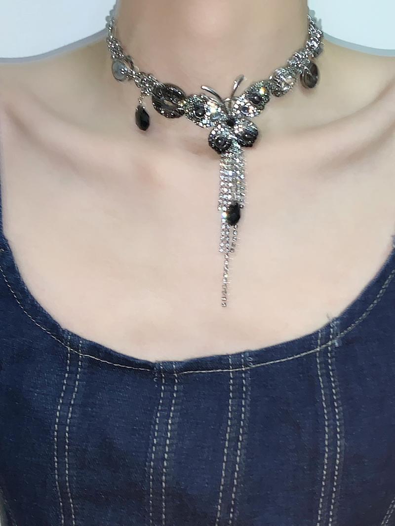 Black Silver Butterfly Tassel Choker