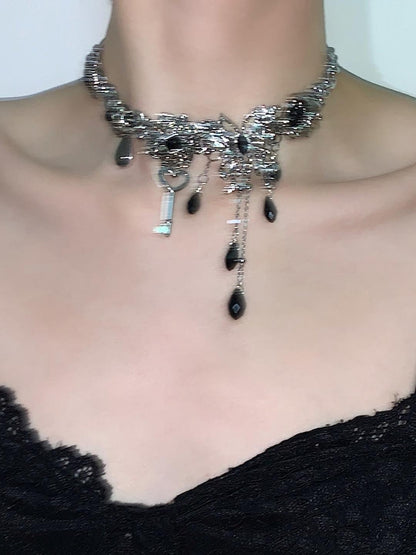 Black Silver Butterfly Tassel Choker