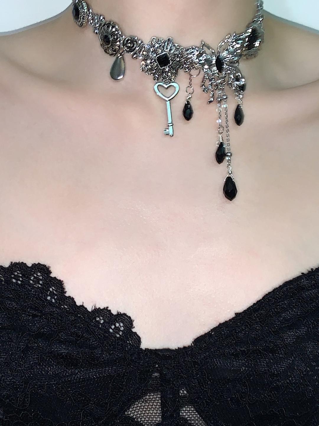 Black Silver Butterfly Tassel Choker