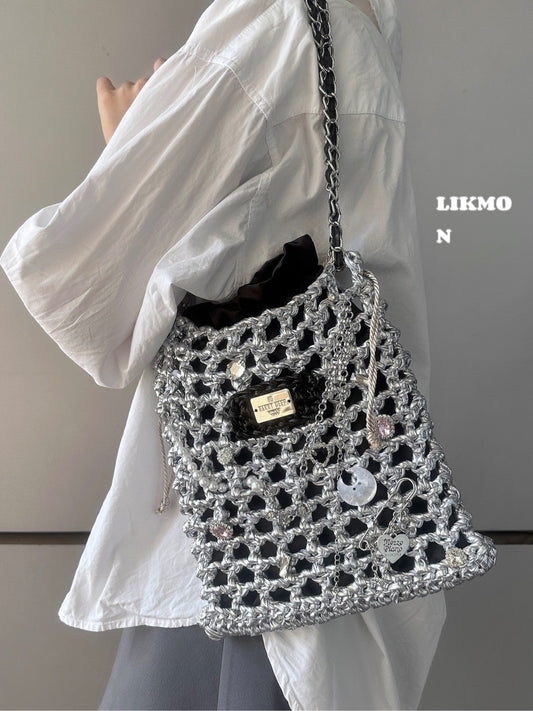Black Silver Crochet Net Shoulder Bag