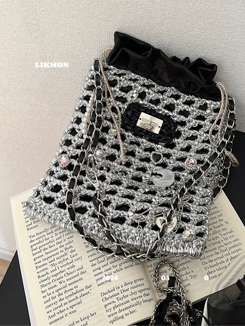 Black Silver Crochet Net Shoulder Bag